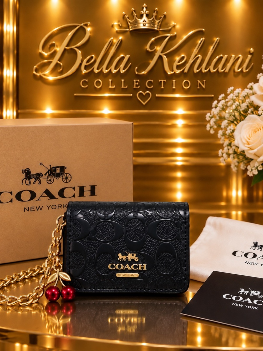 Coach Black Embossed Leather Chain Wallet with Gold Hardware